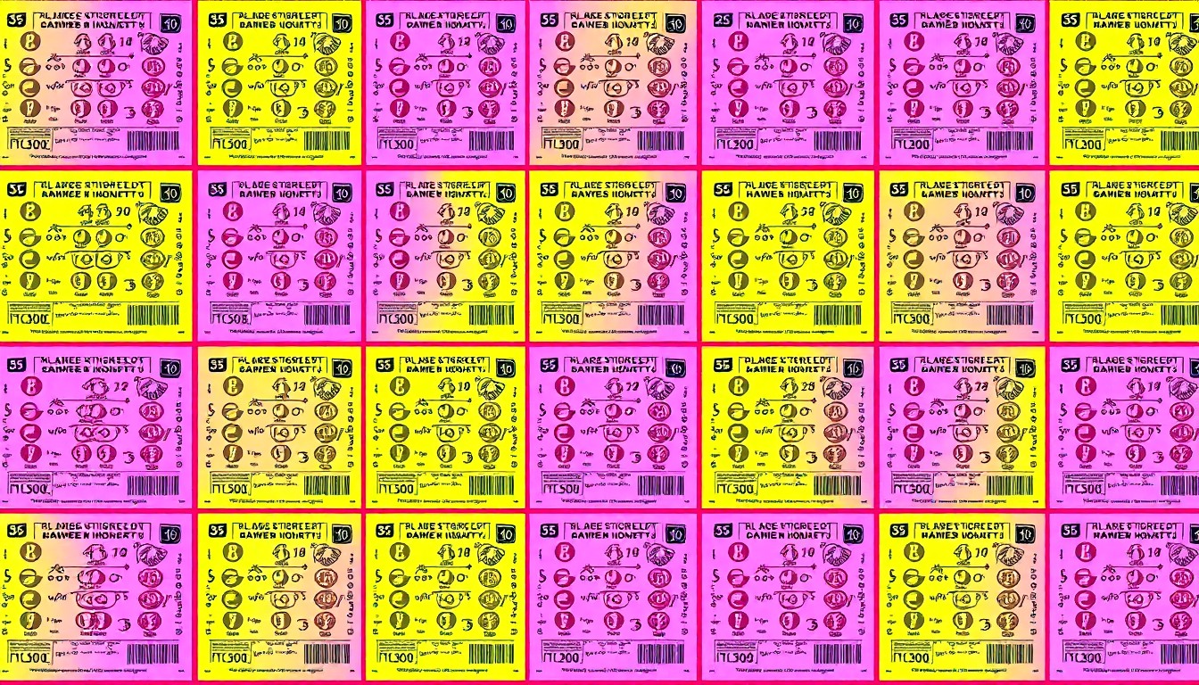 A highly stylized, abstract grid of brightly colored lottery tickets in neon shades of blue, green, and pink, conceptually representing the thrill and randomness of winning the lottery.