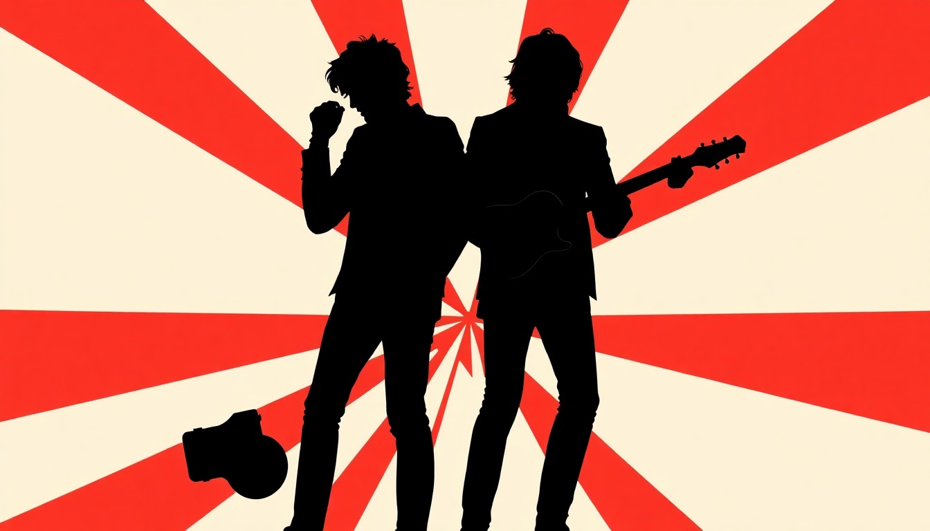 A minimalist, abstract illustration featuring bold black silhouettes and high-contrast solid colors like red and white, conceptually representing the return of the indie rock band The Strokes to Detroit.