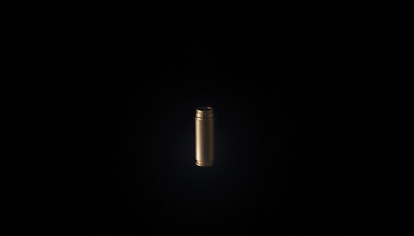 An extreme close-up photograph of a single spent bullet casing against a pitch-black background, creating a stark, gritty, and investigative visual metaphor for the gun violence plaguing Chicago.