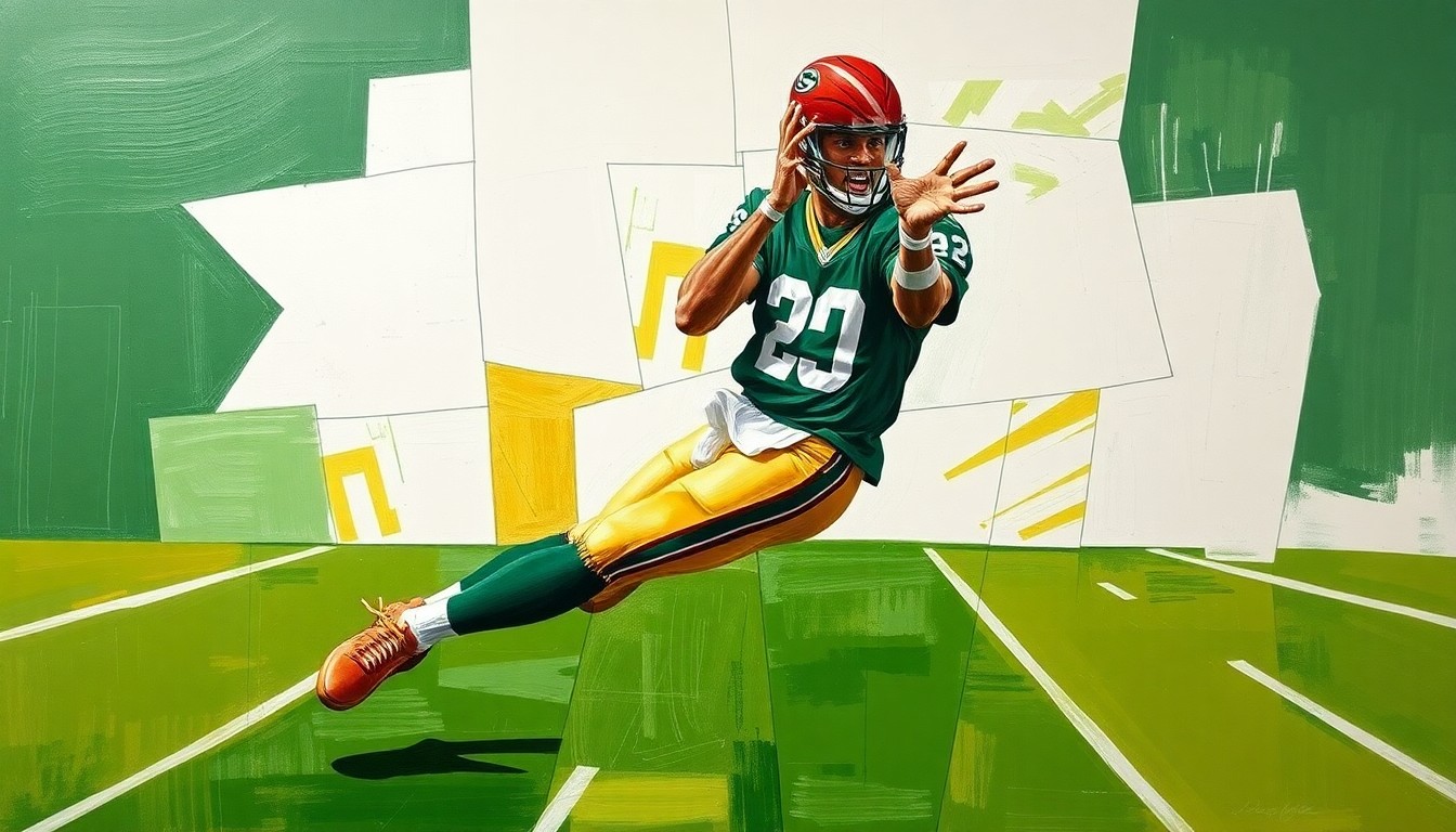 A fractured, cubist-style painting depicting a football player making a catch, with sharp geometric planes in vibrant colors representing the explosive athleticism of the receiver.
