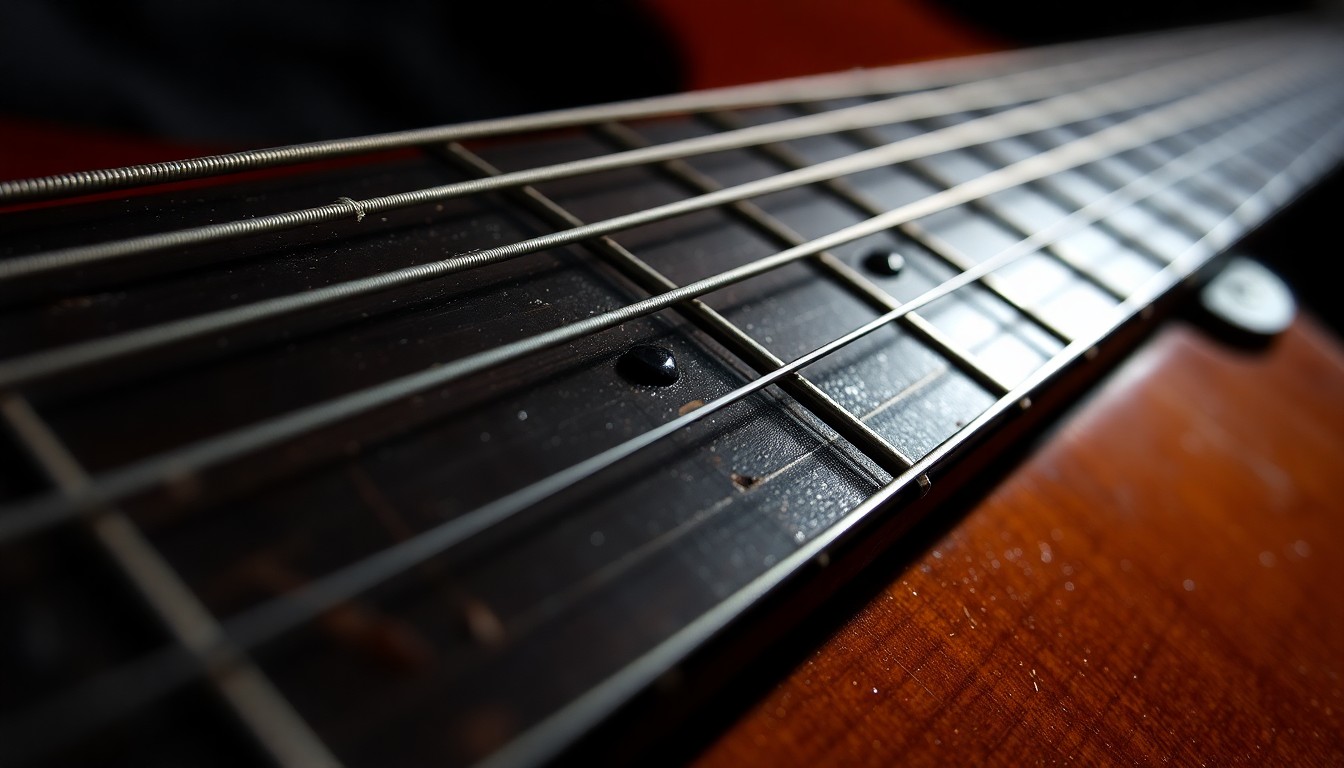 An extreme close-up photograph of the worn, textured guitar strings of a musician's instrument, conceptually representing the personal struggles an artist may face with a health condition.