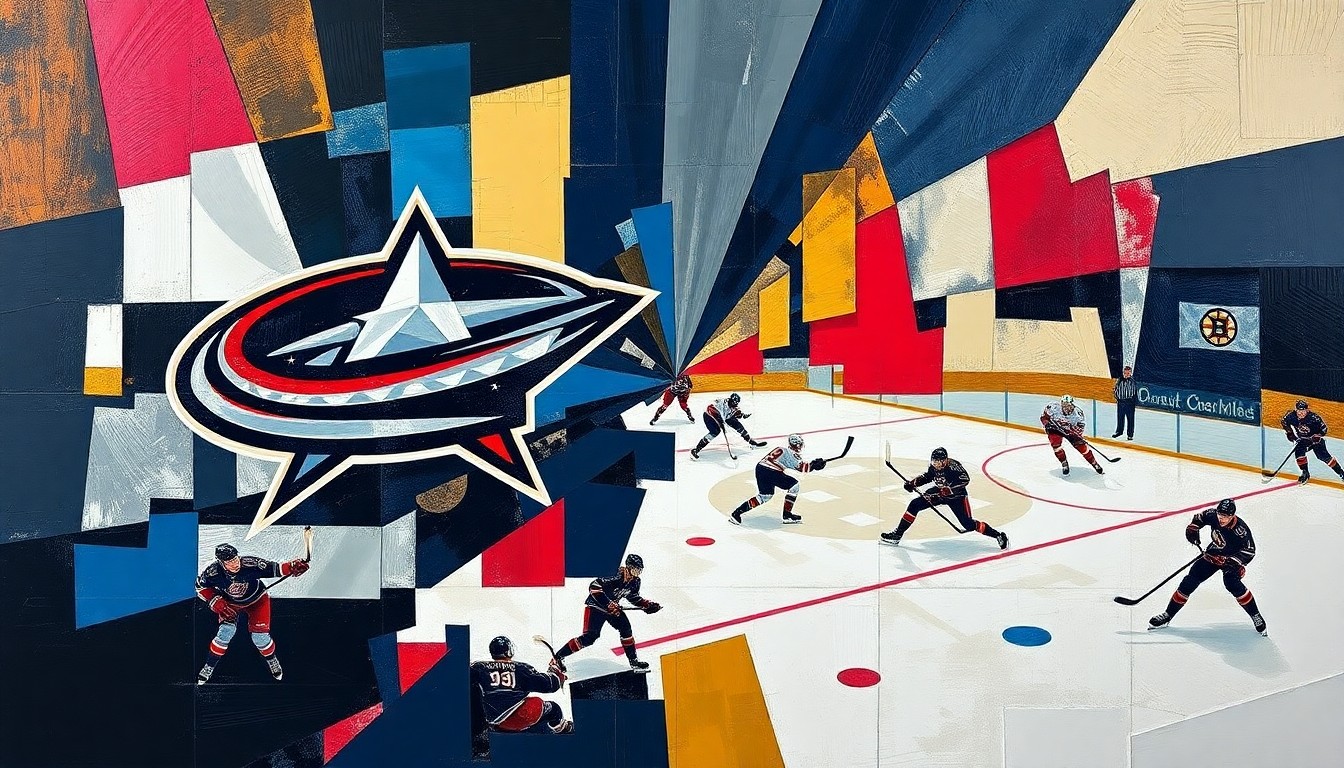 A fractured, geometric painting depicting a hockey game between the Columbus Blue Jackets and Boston Bruins, with the teams' colors used in an abstract, deconstructed style to convey the intensity and uncertainty of the playoff race.