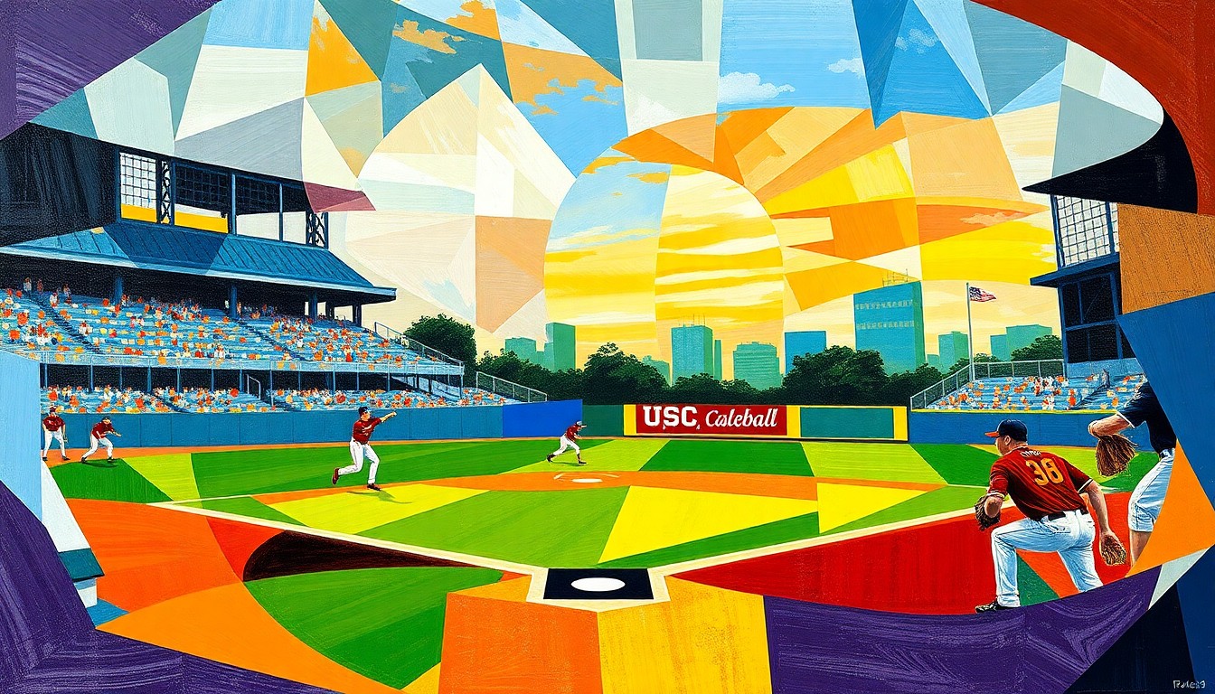 A fractured, multi-perspective painting using sharp, overlapping geometric planes in the official team colors to conceptually represent the dynamic action of a college baseball game.