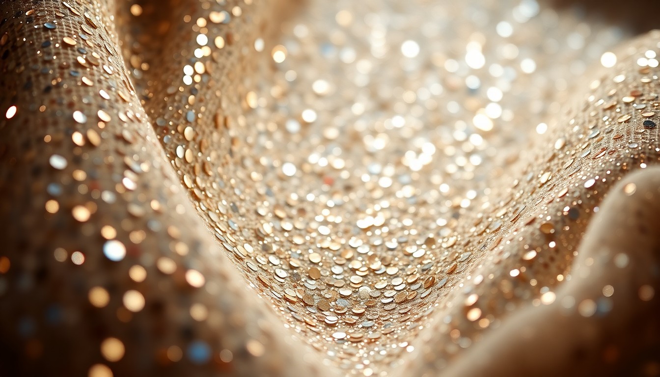 An extreme close-up of shimmering, high-contrast sequins and glittering textures, conceptually representing the glamour and allure of the fashion industry.
