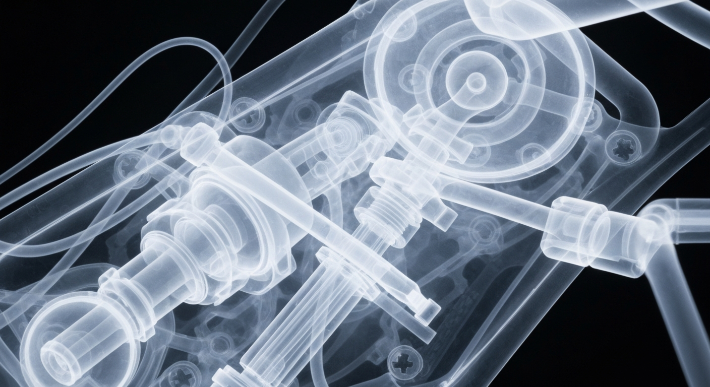 An extreme close-up translucent X-ray photograph revealing the intricate internal structures of a medical device, conceptually representing the increasing importance of Medicaid in providing healthcare funding for the Woodridge community.