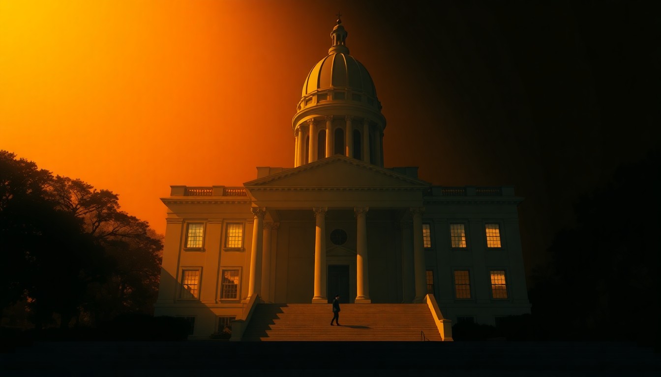 A serene, cinematic painting of a solitary South Carolina state capitol building, with a lone figure standing on the steps, bathed in warm, diagonal sunlight and deep shadows, capturing the quiet contemplation of the political process.