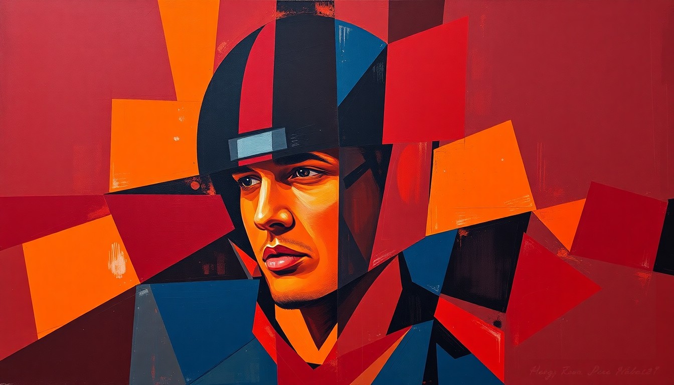A fragmented, geometric painting depicting a college football player's recruitment journey, with sharp planes of deep maroon, burnt orange, and navy blue overlapping to create a sense of disorientation and unease.