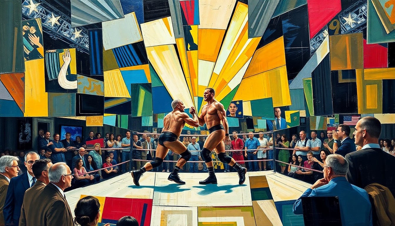 A fragmented, abstract painting depicting a classic WrestleMania moment, with sharp, overlapping shapes and planes of color representing the raw energy and drama of the event.