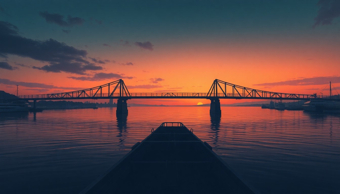A serene, cinematic painting of an empty ship's bridge overlooking a calm harbor, with warm sunlight and deep shadows creating a sense of political tension and uncertainty.