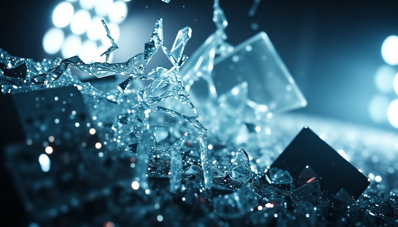 An abstract close-up image featuring shattered glass and glittering sequins, captured in dramatic high-contrast studio lighting to convey a sense of glamour and resilience.