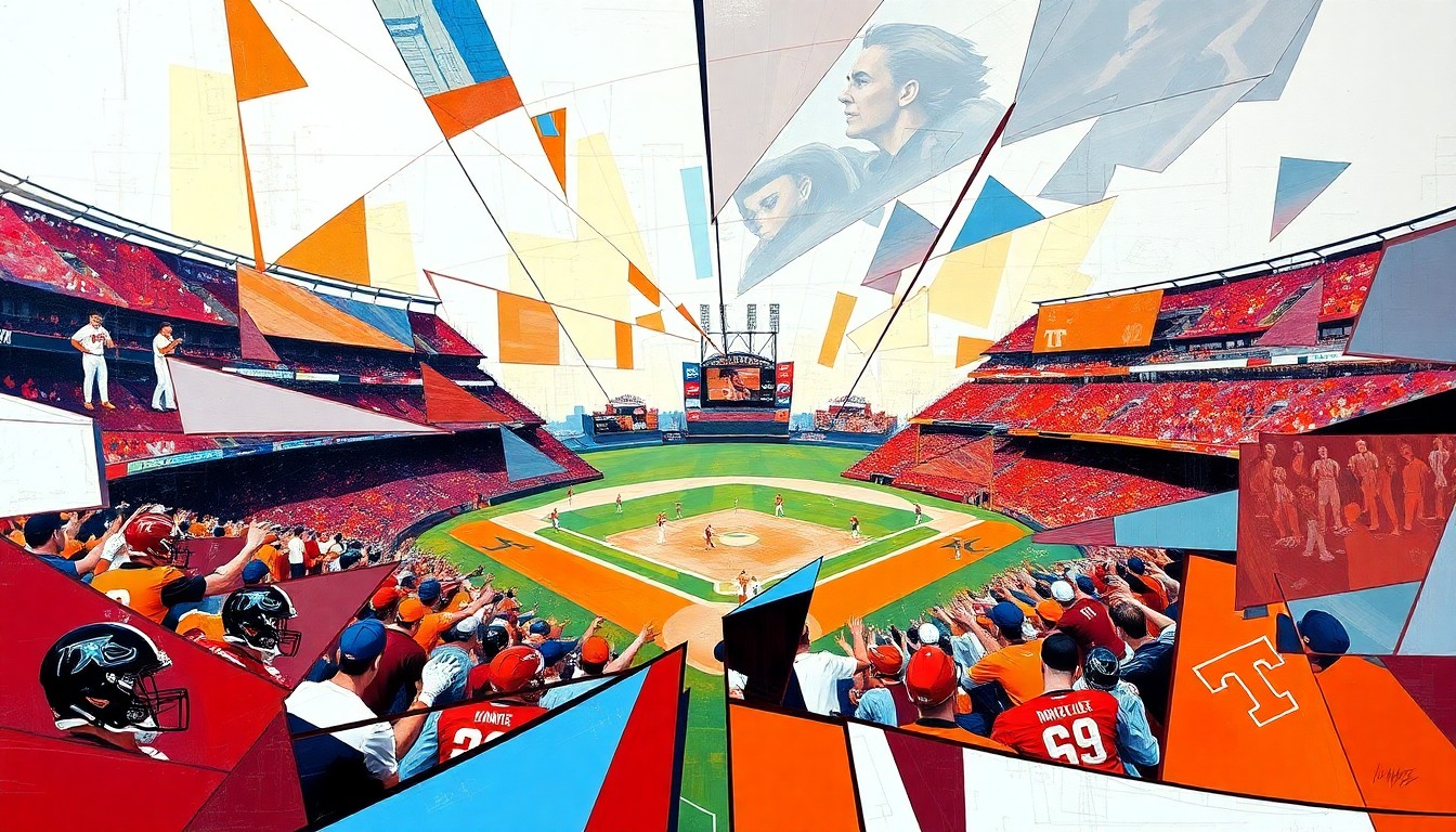 A fractured, multi-perspective painting in bold, geometric shapes and colors representing a baseball game, with the maroon and white of Mississippi State clashing against the orange and white of Tennessee.