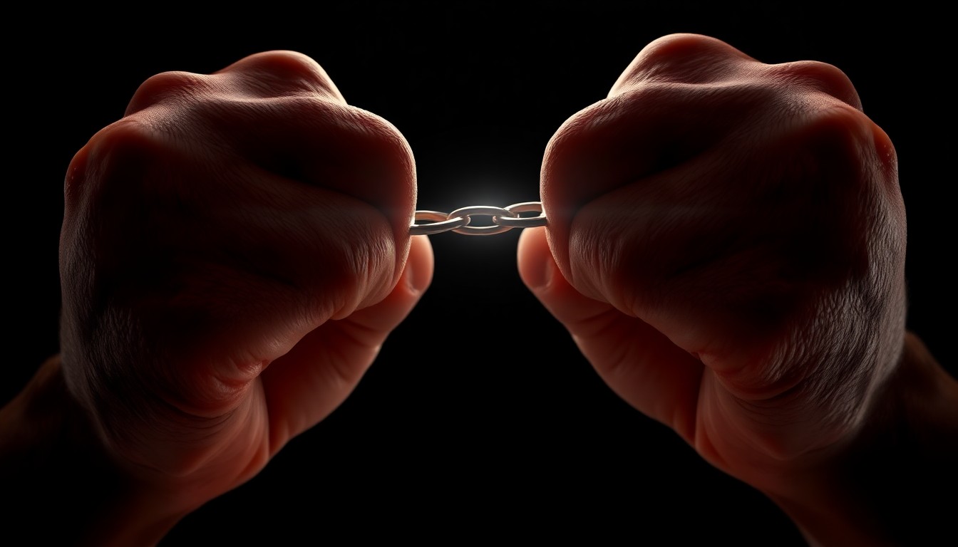 An extreme close-up photograph of a pair of handcuffed hands gripping tightly against a stark, black background, conveying a sense of tension and aggression in the aftermath of a twisted act of revenge.
