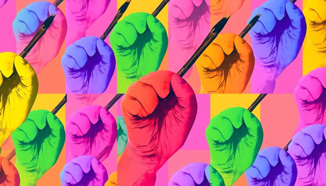 A vibrant, abstract silkscreen print featuring a child's hand holding a paintbrush, repeated in a grid pattern with bold, neon colors and heavy black outlines, conceptually representing the joy and accessibility of artistic expression.