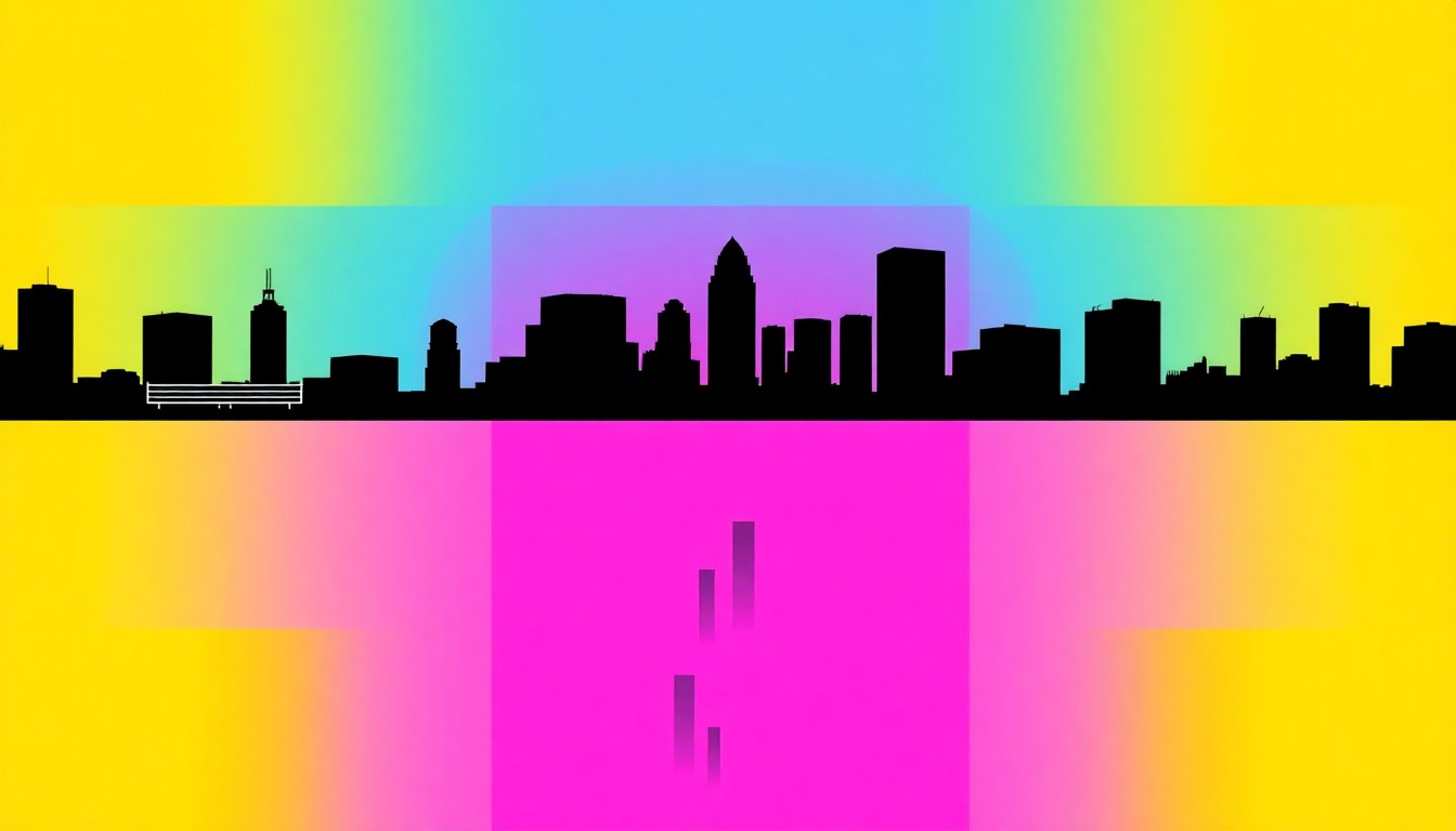 A bold, colorful silkscreen illustration featuring a repeating grid pattern of the Detroit skyline silhouette in bright neon hues, conceptually representing the city's efforts to revitalize and grow its population.