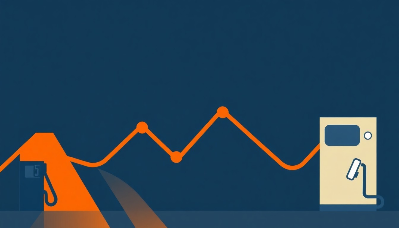 An abstract geometric illustration using clean lines, triangles, and circles in shades of blue, grey, and orange, conceptually representing the volatility of gas prices and their impact on the local economy.