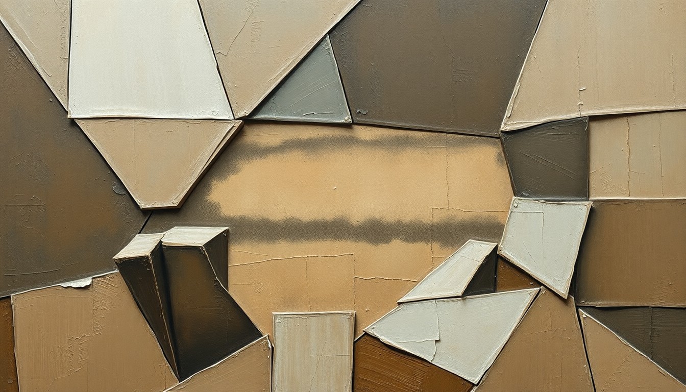 A fractured, cubist-style painting depicting the abstract shapes and planes of a defensive line, with muted earth tones and metallic accents, conveying the uncertainty surrounding Mazi Smith's role on the Jets' defensive unit.