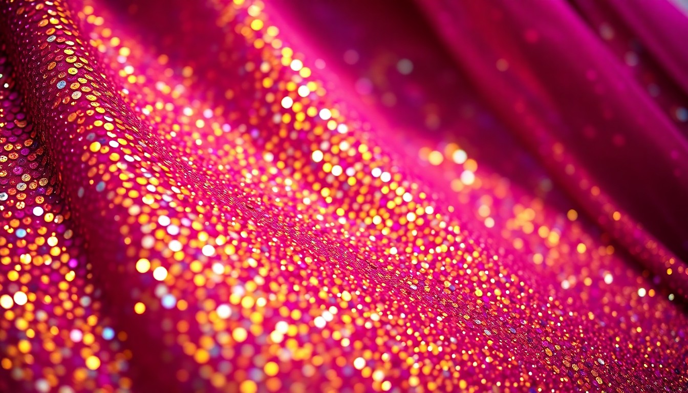 An abstract close-up photograph of shimmering, sequined fabric in vibrant shades of fuchsia and gold, capturing the glitz and glamour of a music festival.