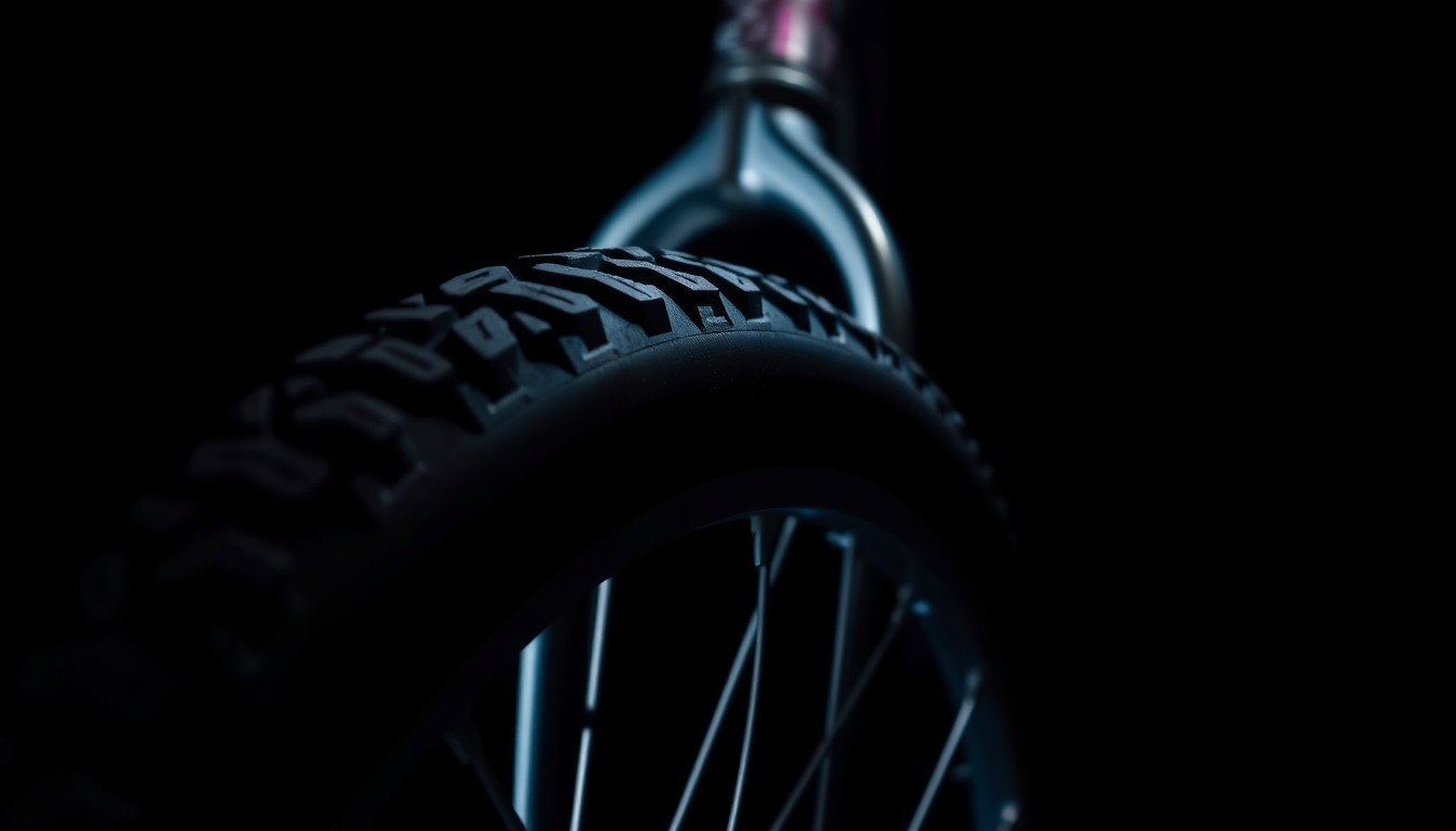 An extreme close-up photograph of a child's bicycle tire, the rubber tread and spokes sharply lit by a harsh camera flash against a pitch-black background, conceptually representing the gritty, investigative nature of this tragic crime scene.