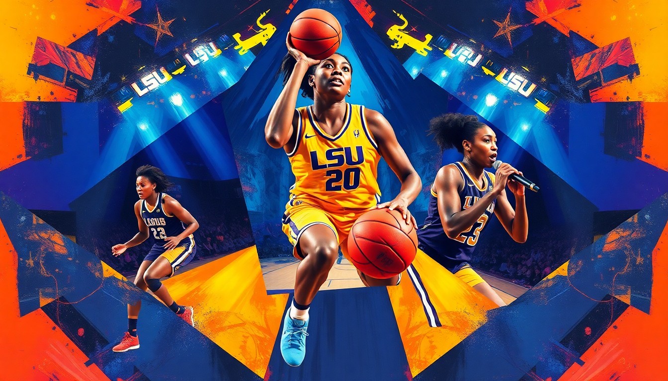 A fractured, multi-perspective painting in bold, vibrant colors depicting Flau'jae Johnson's basketball gameplay and musical performances, with sharp, overlapping geometric planes that capture the dynamic energy of her diverse talents.