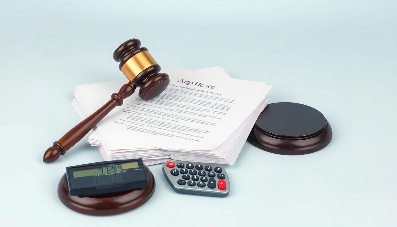 A high-end, photorealistic studio still-life photograph featuring a stack of legal documents, a gavel, and a calculator on a clean, monochromatic background, symbolizing the legal proceedings and financial implications of the antitrust lawsuit against Trip.com.