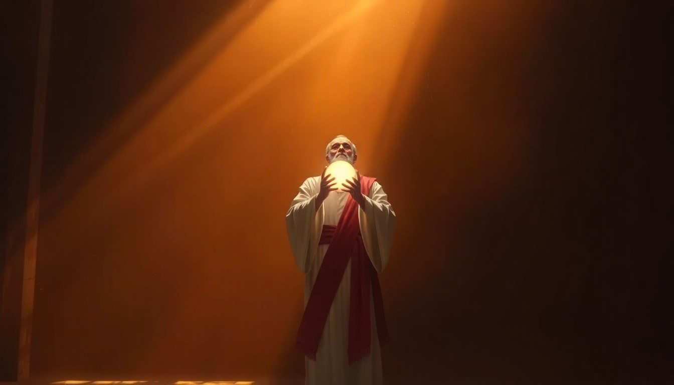 A cinematic painting in the style of Edward Hopper, showing a solitary political figure in a white robe and red sash, holding a ball of light, bathed in warm, diagonal sunlight and deep shadows, conceptually representing the controversy surrounding the AI-generated image of President Trump.