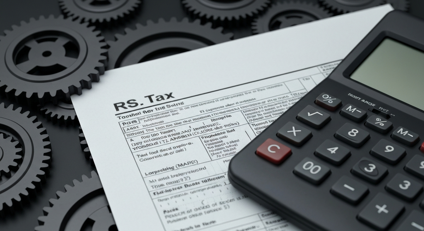An extreme close-up of an IRS tax form and calculator, with the intricate gears and mechanisms of the financial system visible in the background, conceptually representing the complex infrastructure behind the annual tax filing process.