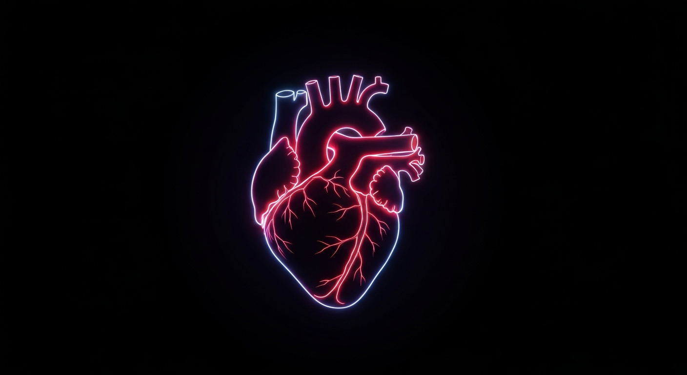 A minimalist design in the style of Keith Haring where the outline of a human heart is defined entirely by vibrant neon lines against a deep, dark background, emphasizing the shape and energy of the organ.