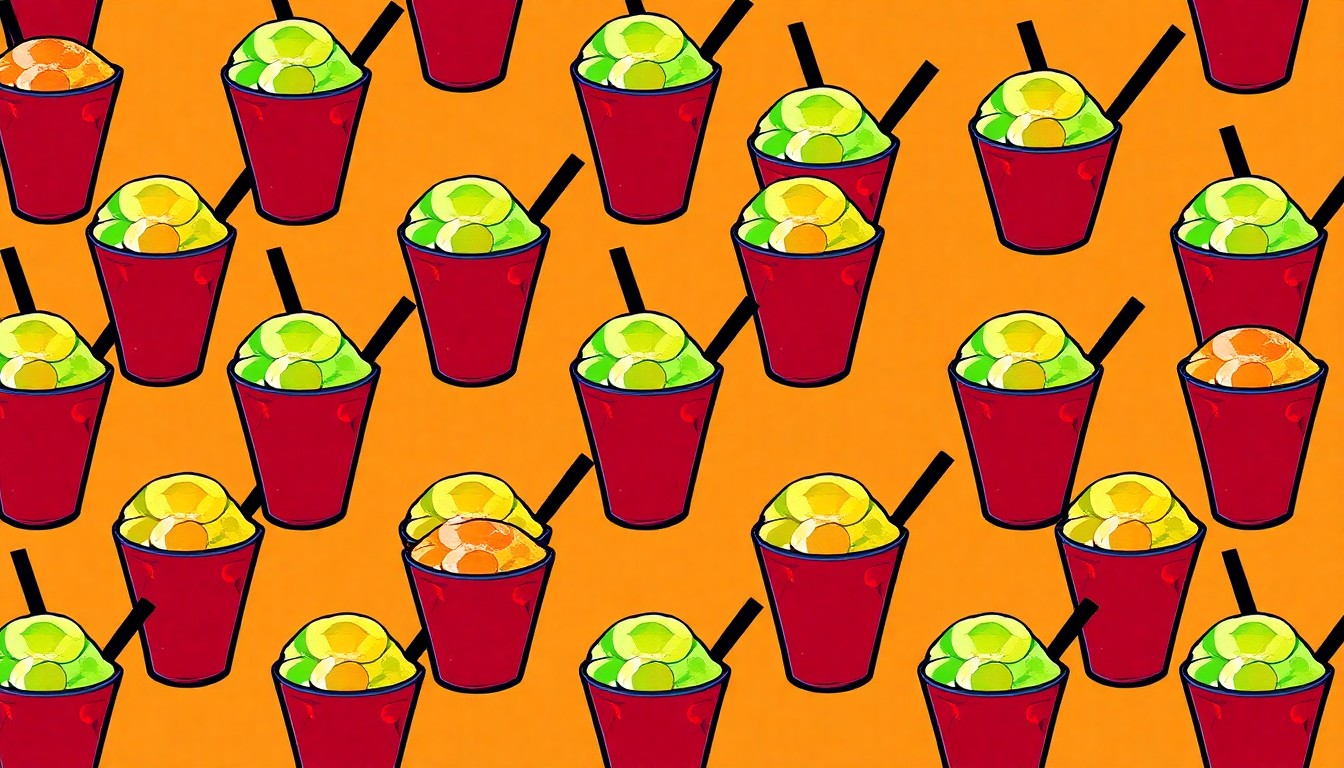 A bold, graphic illustration of a single granita cup repeated in a grid pattern, rendered in a high-contrast, neon color palette with heavy black outlines, conceptually representing the classic Italian dessert transformed into modern pop art.