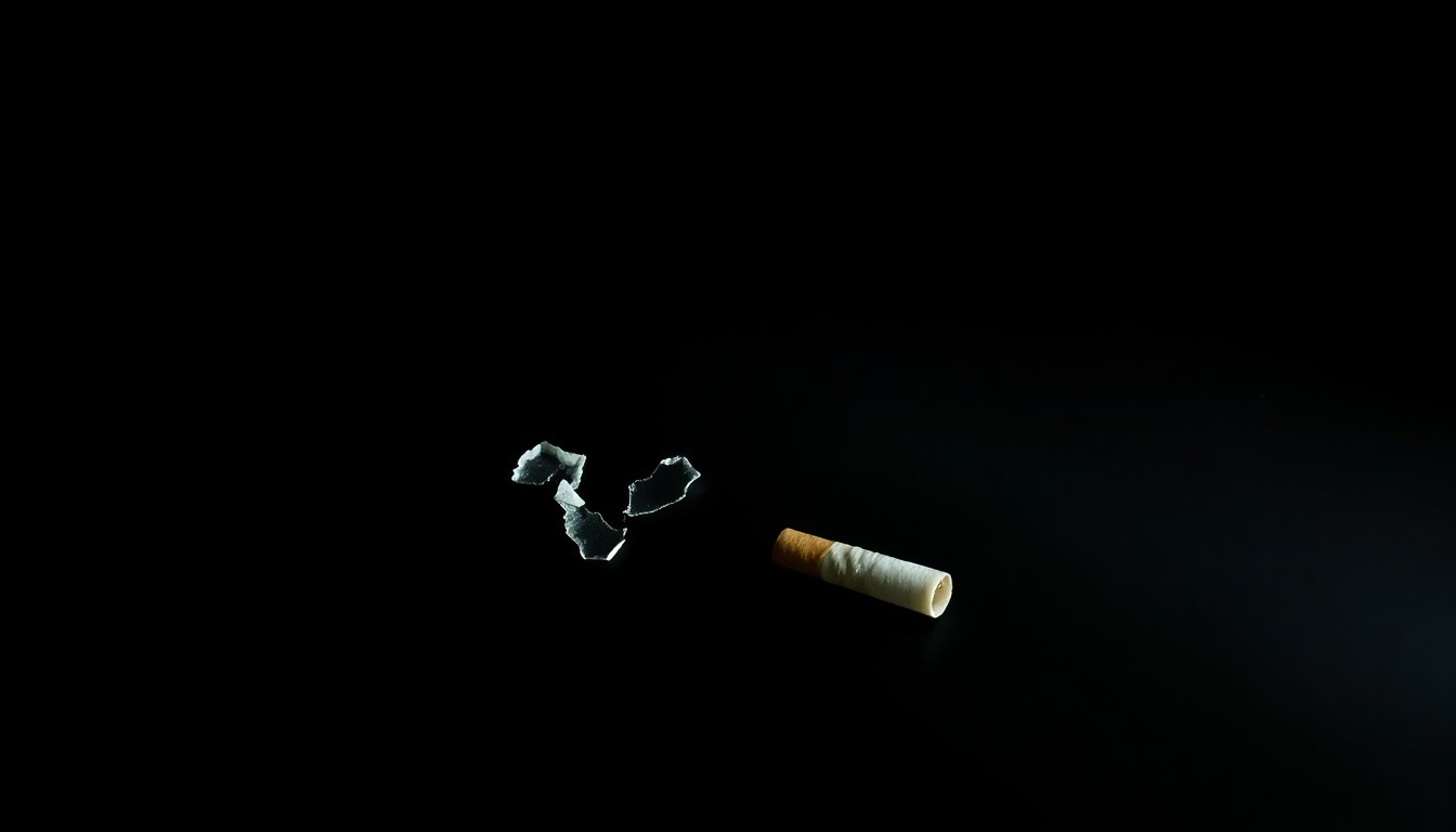 An extreme close-up photograph of a single piece of crime scene evidence, such as a broken window or discarded cigarette butt, lit by a harsh, direct camera flash against a pitch-black background, conceptually illustrating the investigative work behind this unsolved homicide case.