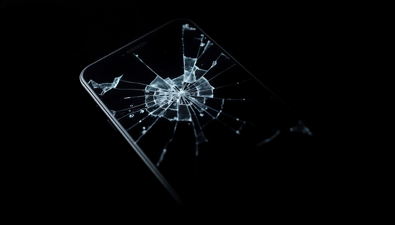 An extreme close-up photograph of a cracked and damaged smartphone screen, lit by a harsh, direct camera flash against a pitch-black background, conceptually representing the violation and trauma of online child exploitation.