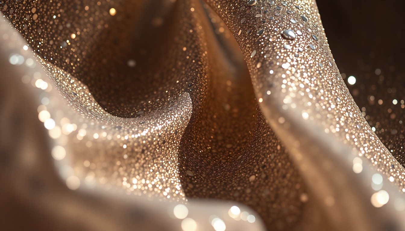 An abstract close-up photograph featuring a textured, glittering surface in shades of gold and silver, evoking the high-end materials and glamorous aesthetic of the 1960s-70s New York art world.