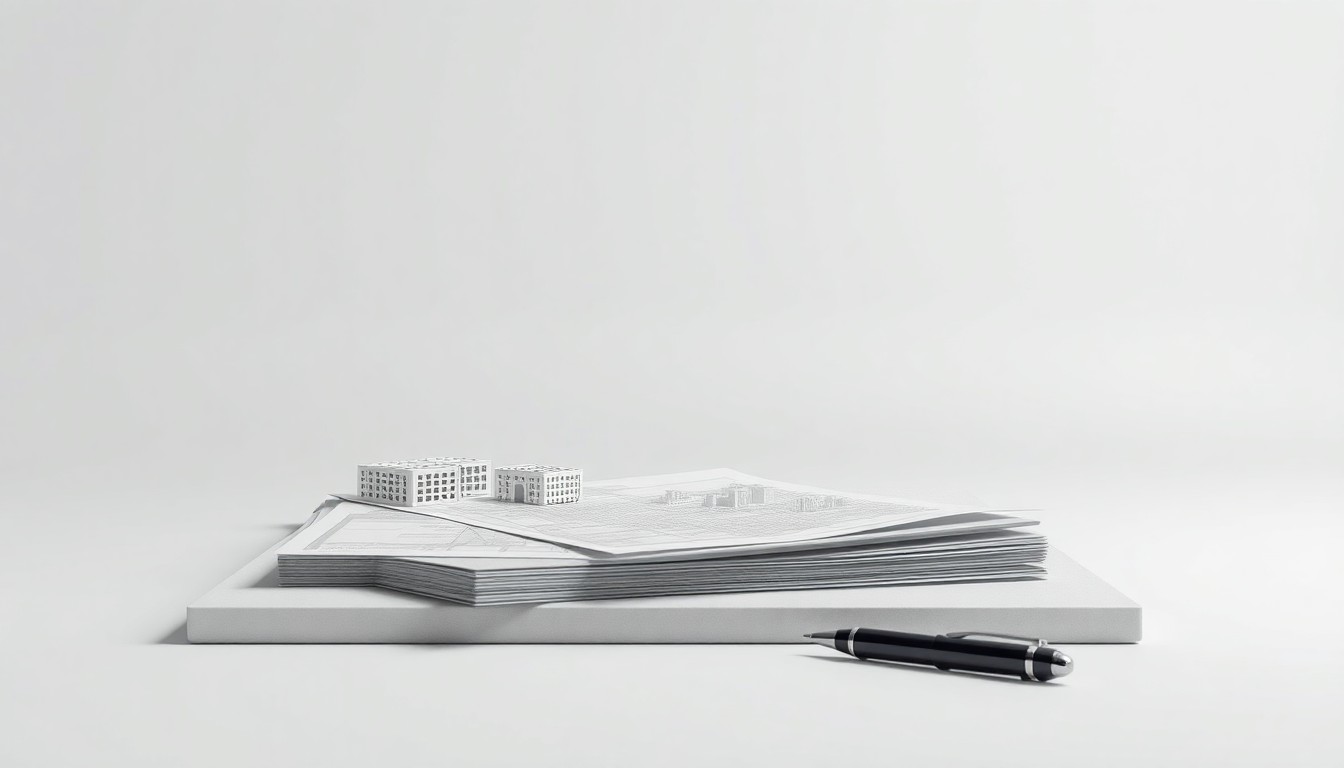 A minimalist studio still life photograph featuring a city planning model, a stack of documents, and a pen arranged on a clean, monochromatic background, conceptually representing the abstract work of urban development and community engagement.