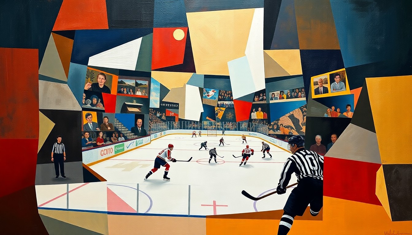 A cubist, geometric painting depicting a fractured hockey game, with players and the arena reduced to sharp, overlapping planes of color and abstract shapes.
