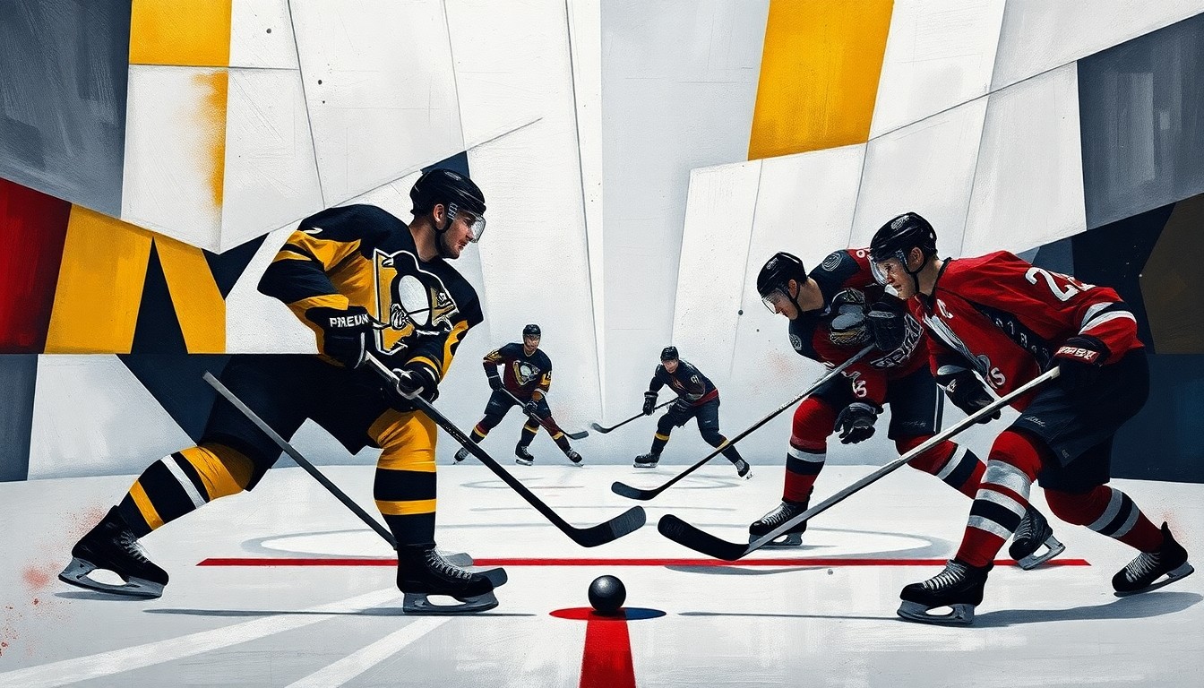 A cubist, geometric painting depicting an abstracted hockey game between the Pittsburgh Penguins and Washington Capitals, with the players' forms broken down into sharp, overlapping shapes and the puck and ice surface represented by bold, intersecting lines.