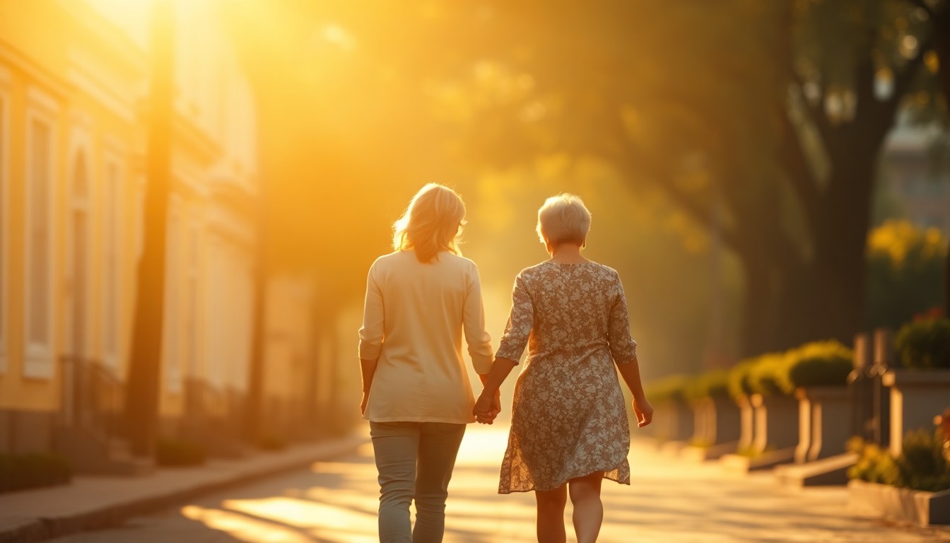 An extremely abstracted, out-of-focus photograph in soft pools of warm color and light, depicting the silhouettes of an elderly couple walking hand-in-hand down a sun-dappled street, conceptually representing the enduring love and companionship of the Blamires.