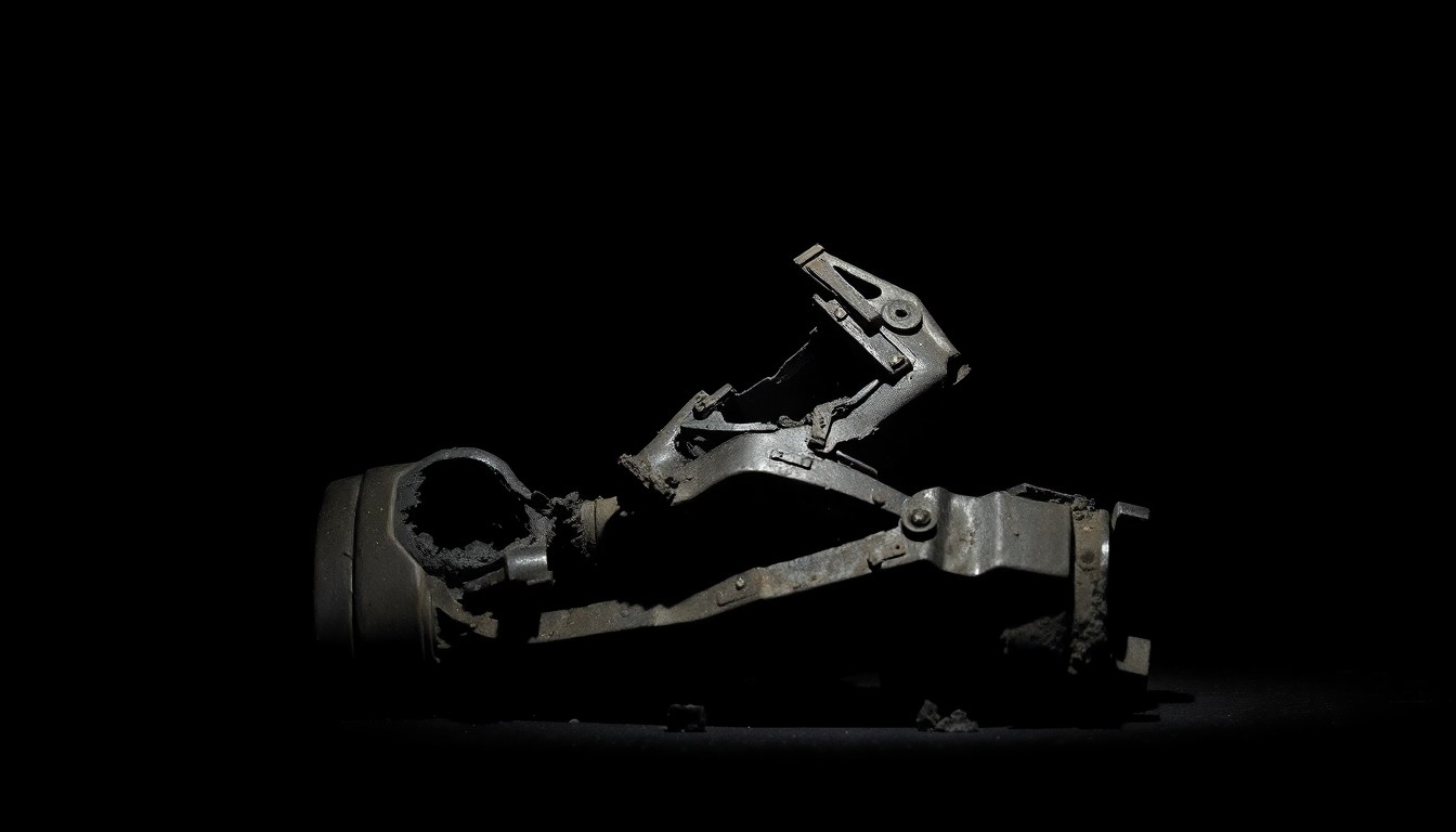 An extreme close-up photograph of a crushed and twisted metal object, such as a car part or piece of machinery, lit by a harsh, direct camera flash against a pitch-black background, conveying a stark, gritty, and investigative aesthetic.