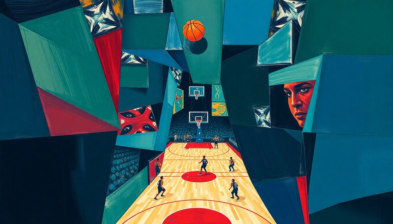 A fragmented, cubist-style painting depicting a basketball game broken down into sharp, angular shapes and planes of navy, green, and red, conveying the dynamic energy and shifting perspectives of the sport.