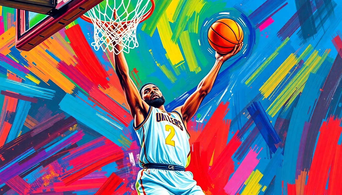 An abstract, expressionist painting featuring bold, sweeping brushstrokes in neon shades of orange, pink, and blue, capturing the dynamic energy and movement of a basketball player in action.