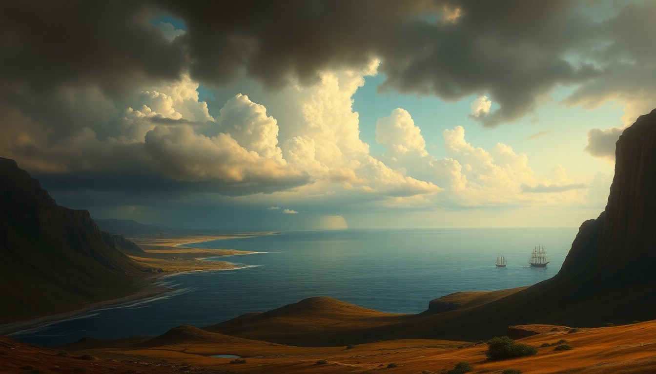 A sweeping, atmospheric landscape painting in muted tones of blue, gray, and gold, depicting a vast coastal scene with dramatic clouds and soft, diffused light, conveying a sense of the sublime power and beauty of nature.