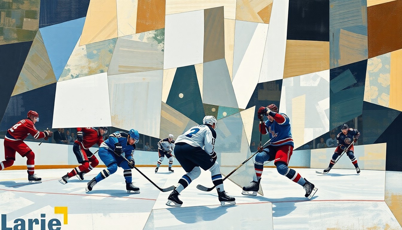 A cubist-style painting featuring fragmented, geometric shapes in shades of blue, red, and yellow, representing the dynamic action and energy of a hockey game or match.