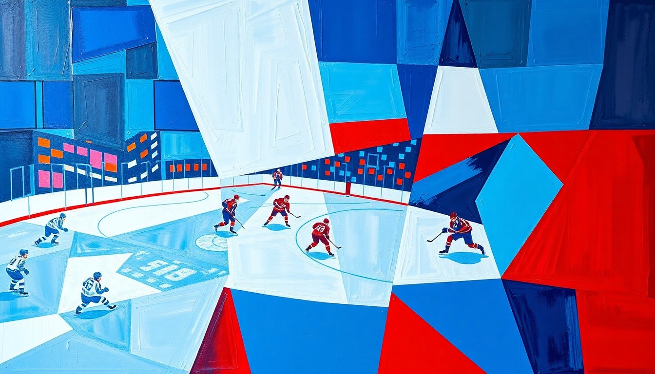 A fractured, geometric painting in shades of blue, red, and white, breaking down a hockey game into sharp, overlapping planes to represent the raw energy and emotion of Alex Ovechkin's potential final home game with the Washington Capitals.