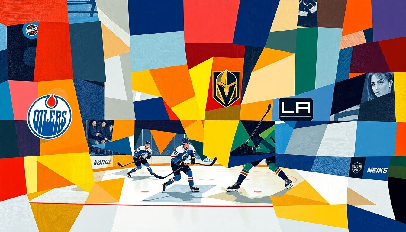 A fragmented, cubist-style painting depicting a hockey game or match, with the players and action broken down into sharp, overlapping geometric shapes and planes in the official team colors of the Edmonton Oilers, Vegas Golden Knights, Anaheim Ducks, and Los Angeles Kings.