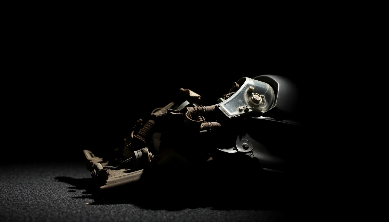 An extreme close-up photograph of a severely damaged car part or piece of physical evidence from the crash site, lit by a harsh, direct camera flash against a pitch-black background, conceptually illustrating the gritty aftermath of a high-speed collision.