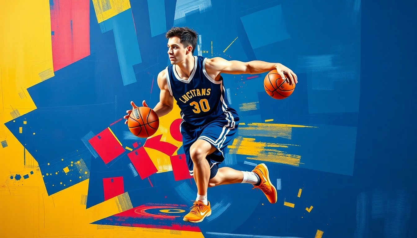 A cubist, geometric painting depicting a college basketball player in motion, with sharp, overlapping planes of navy blue, gold, and crimson colors creating a dynamic, fragmented visual representation of the athlete's movements.