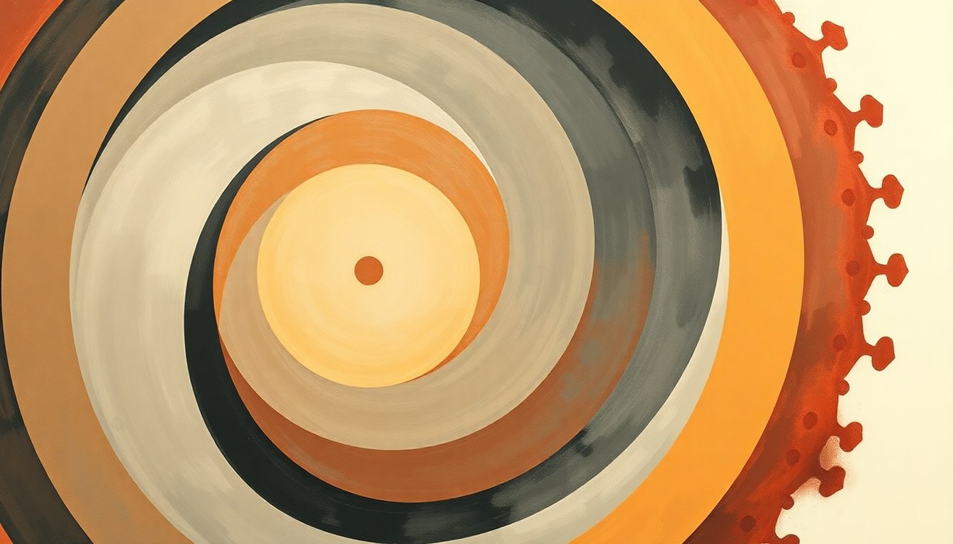 A bold, abstract painting in muted greens, browns, and blues depicting the complex molecular structure of the newly discovered dicitrioside antiviral compounds, visualized through sweeping geometric arcs, concentric circular patterns, and precise botanical spirals, conveying the intricate natural order of these potent medicinal molecules.