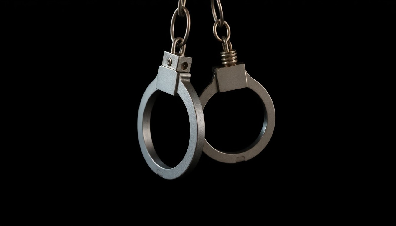 An extreme close-up photograph of a set of handcuffs against a pitch-black background, creating a stark, gritty, investigative aesthetic.