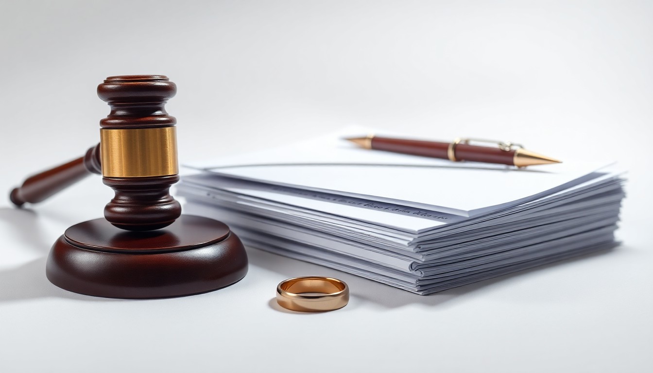 A photorealistic studio still life featuring a gavel, a wedding ring, and a stack of legal documents arranged elegantly on a clean white background, conveying the serious and weighty nature of family law.