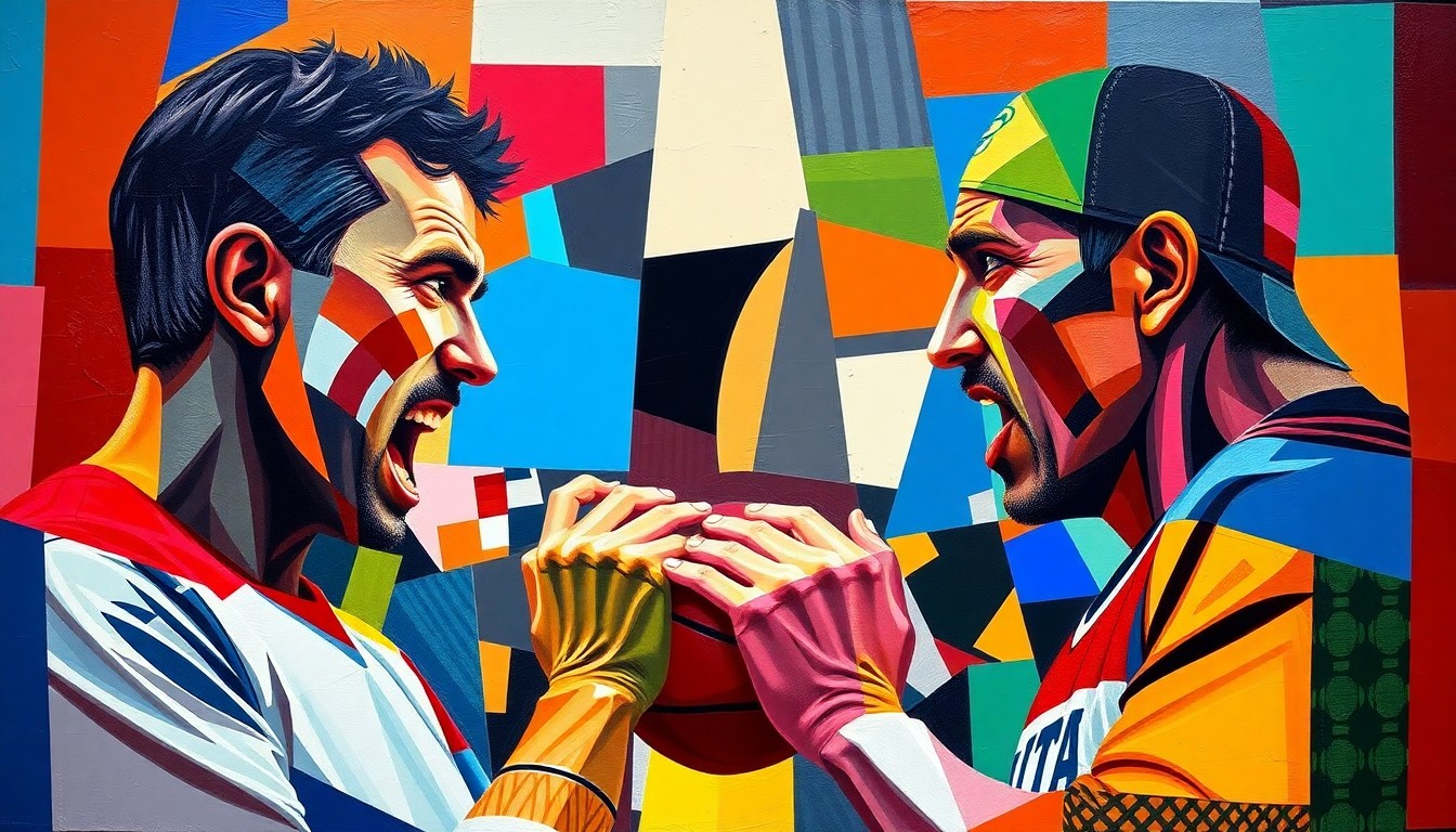 A fragmented, cubist-style painting depicting the heated argument between two basketball fans, with sharp geometric shapes in the team's colors of blue and gold.