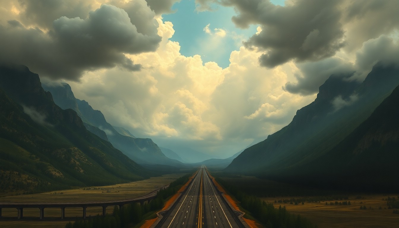A sweeping, atmospheric landscape painting in muted tones, with a partially obscured highway cutting through the scene, dwarfed by the scale of the natural environment and dramatic lighting.