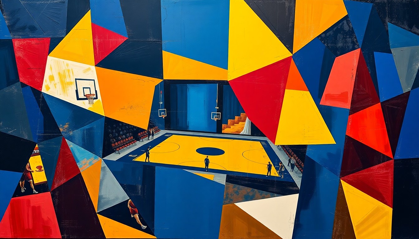 A cubist-style painting featuring overlapping geometric shapes and planes in navy, crimson, and gold, capturing the dynamic energy of a college basketball game.
